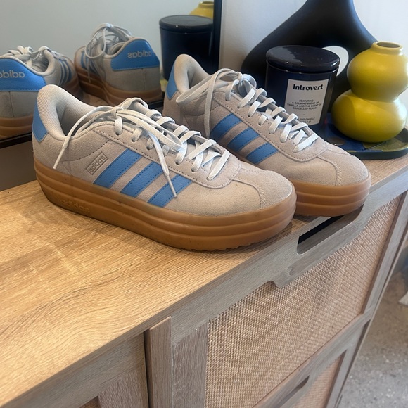 adidas Shoes - adidas women’s Grey Suede Sneakers with Blue Stripes and Gum Sole